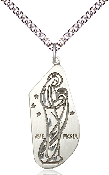 Sterling Silver Ave Maria Pendant on a 24 inch Sterling Silver Heavy Curb chain