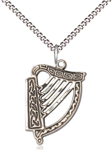 Sterling Silver Irish Harp Pendant on a 18 inch Light Rhodium Light Curb chain
