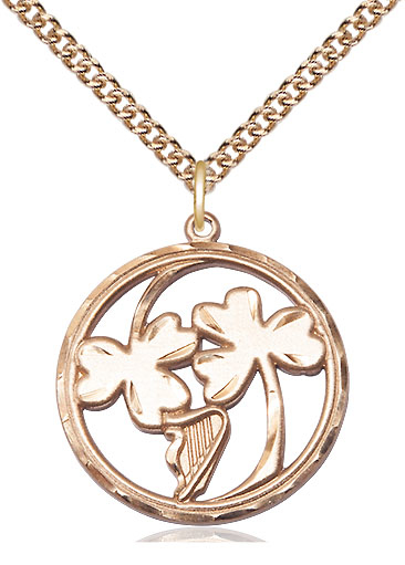 14kt Gold Filled Irish Shamrock Harp Pendant on a 24 inch Gold Filled Heavy Curb chain