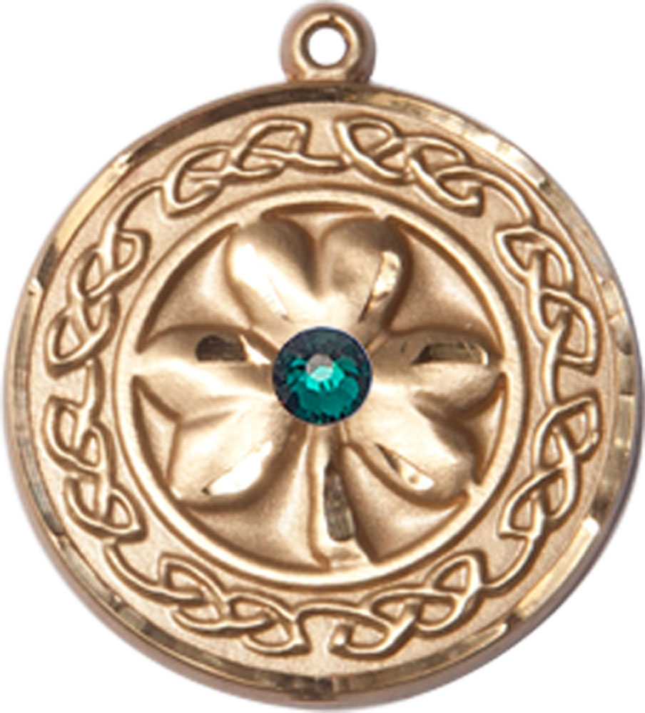 14kt Gold Filled Shamrock w/Celtic Border &amp; Emerald Stone Medal with a 3mm Emerald Swarovski stone