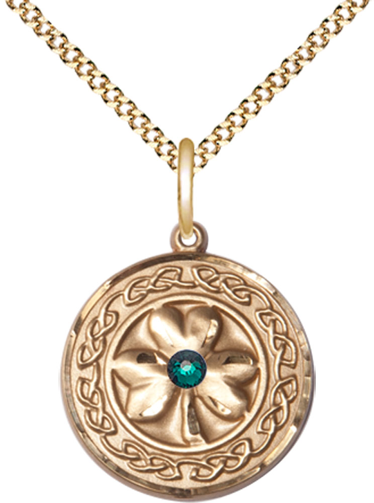 14kt Gold Filled Shamrock w/Celtic Border &amp; Emerald Stone Pendant with a 3mm Emerald Swarovski stone on a 18 inch Gold Plate Light Curb chain