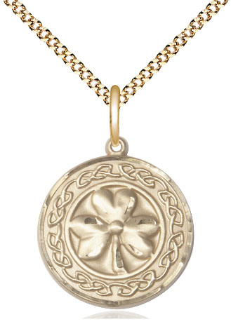 14kt Gold Filled Shamrock w/Celtic Border Pendant on a 18 inch Gold Plate Light Curb chain