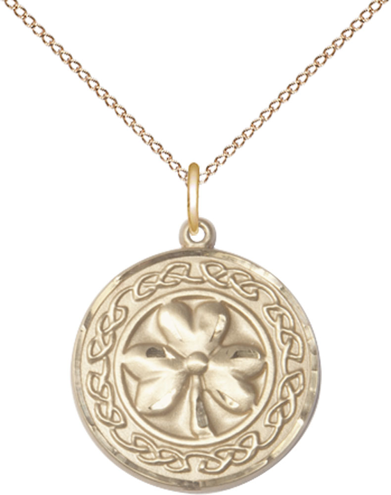 14kt Gold Filled Shamrock w/Celtic Border Pendant on a 18 inch Gold Filled Light Curb chain