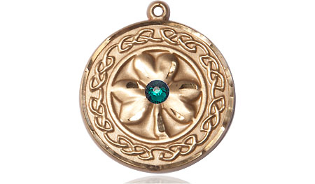 14kt Gold Shamrock w/Celtic Border &amp; Emerald Stone Medal with a 3mm Emerald Swarovski stone