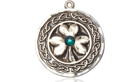 Sterling Silver Shamrock w/Celtic Border &amp; Emerald Stone Medal with a 3mm Emerald Swarovski stone