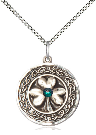Sterling Silver Shamrock w/Celtic Border &amp; Emerald Stone Pendant with a 3mm Emerald Swarovski stone on a 18 inch Sterling Silver Light Curb chain