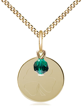 14kt Gold Filled Shamrock Pendant with a Emerald bead on a 18 inch Gold Plate Light Curb chain