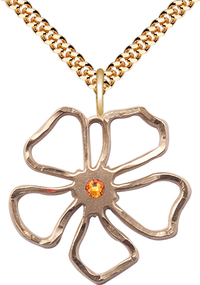 14kt Gold Filled Five Petal Flower Pendant with a 3mm Topaz Swarovski stone on a 24 inch Gold Plate Heavy Curb chain