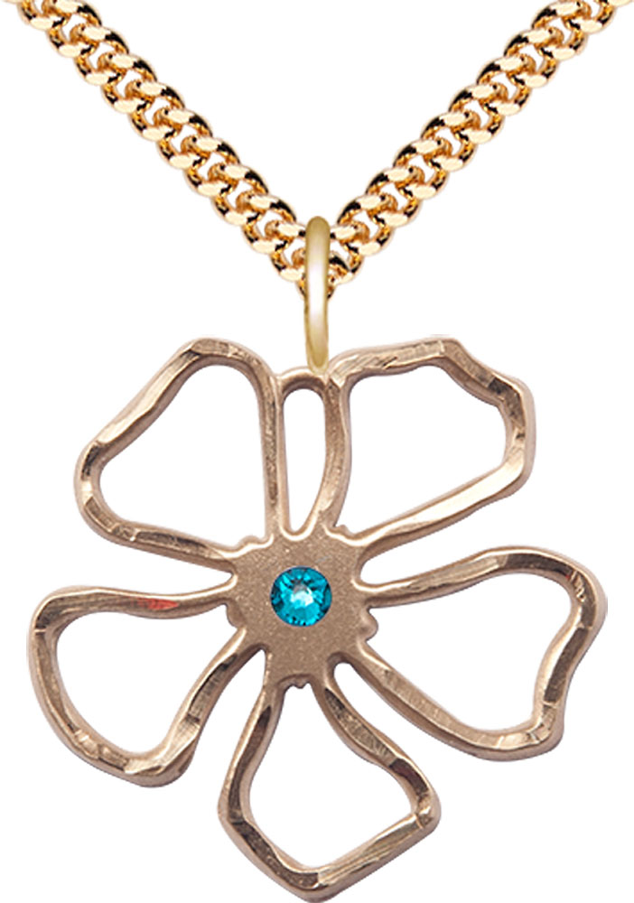 14kt Gold Filled Five Petal Flower Pendant with a 3mm Zircon Swarovski stone on a 24 inch Gold Plate Heavy Curb chain