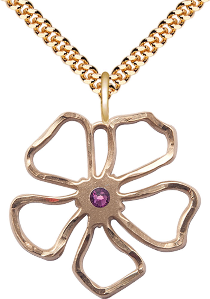 14kt Gold Filled Five Petal Flower Pendant with a 3mm Amethyst Swarovski stone on a 24 inch Gold Plate Heavy Curb chain