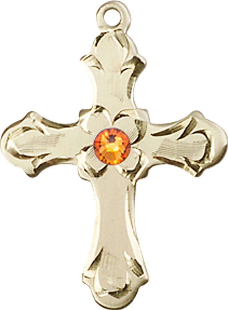 14kt Gold Cross Medal with a 3mm Topaz Swarovski stone