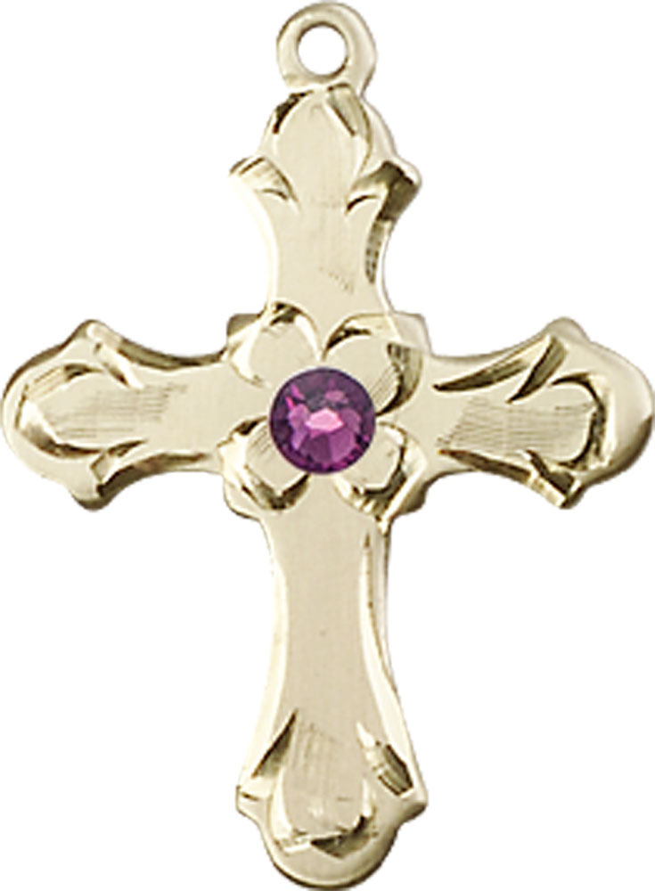 14kt Gold Cross Medal with a 3mm Amethyst Swarovski stone