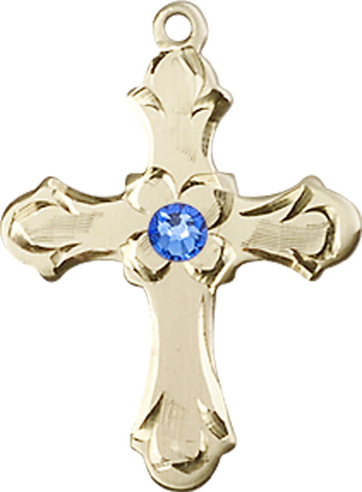 14kt Gold Cross Medal with a 3mm Sapphire Swarovski stone