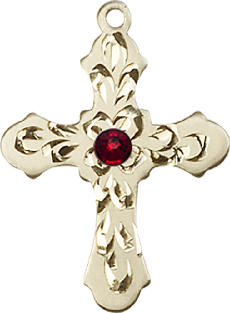 14kt Gold Cross Medal with a 3mm Garnet Swarovski stone