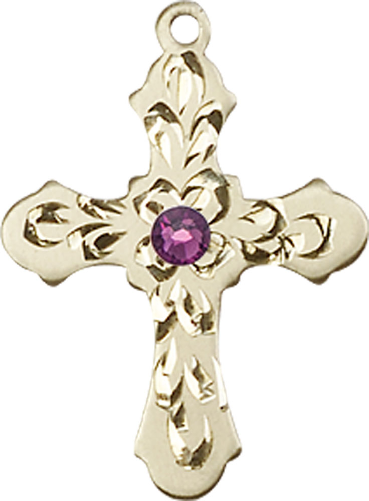 14kt Gold Cross Medal with a 3mm Amethyst Swarovski stone