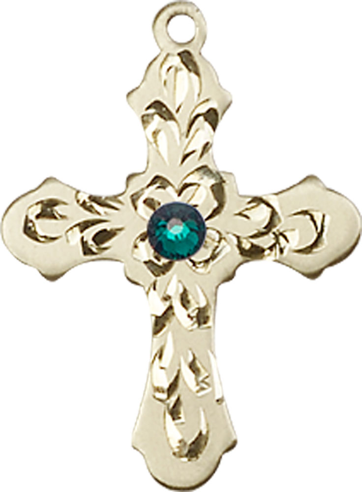 14kt Gold Cross Medal with a 3mm Emerald Swarovski stone