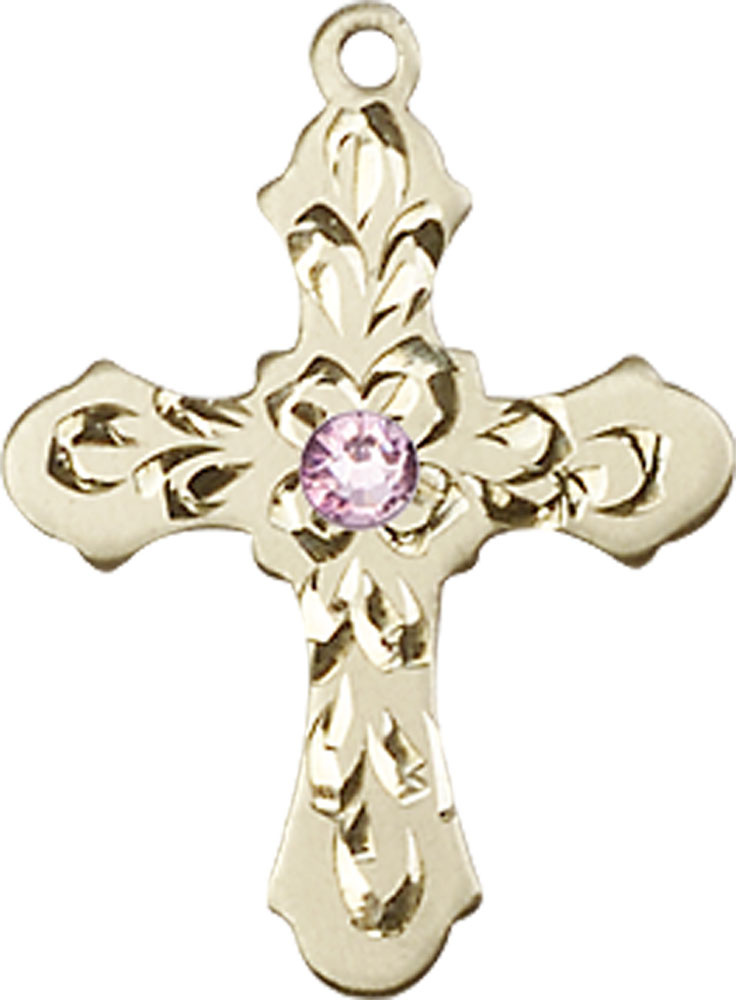 14kt Gold Cross Medal with a 3mm Light Amethyst Swarovski stone