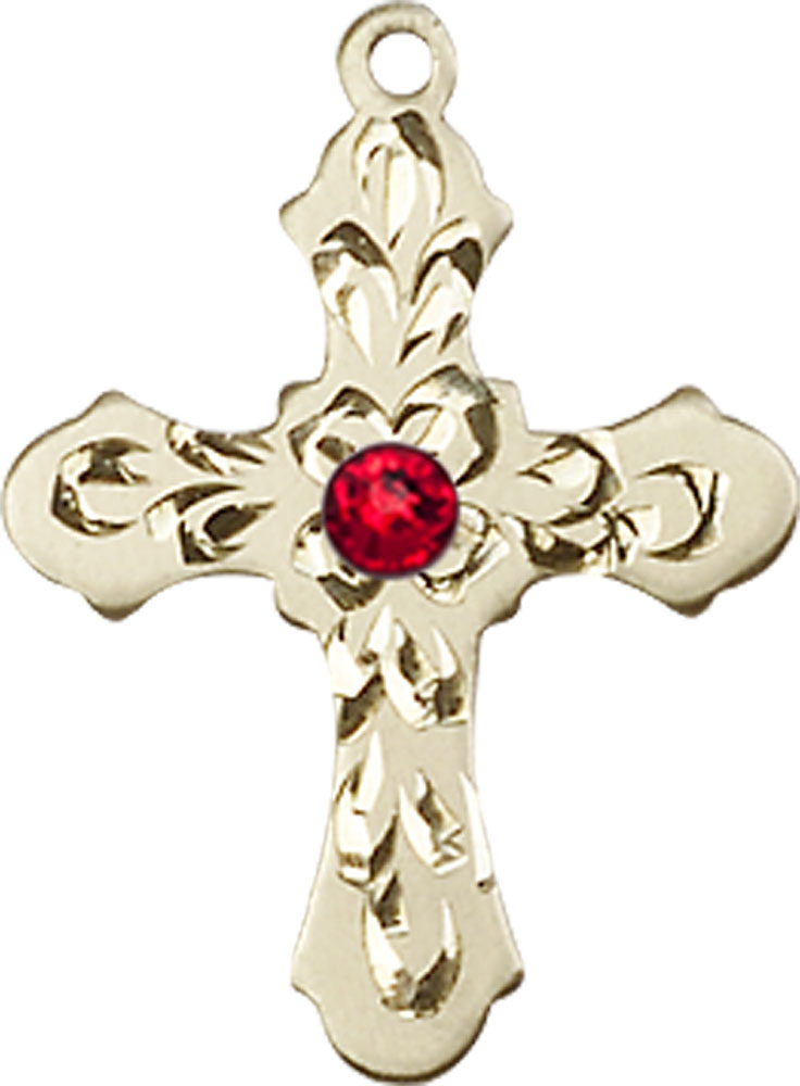 14kt Gold Cross Medal with a 3mm Ruby Swarovski stone