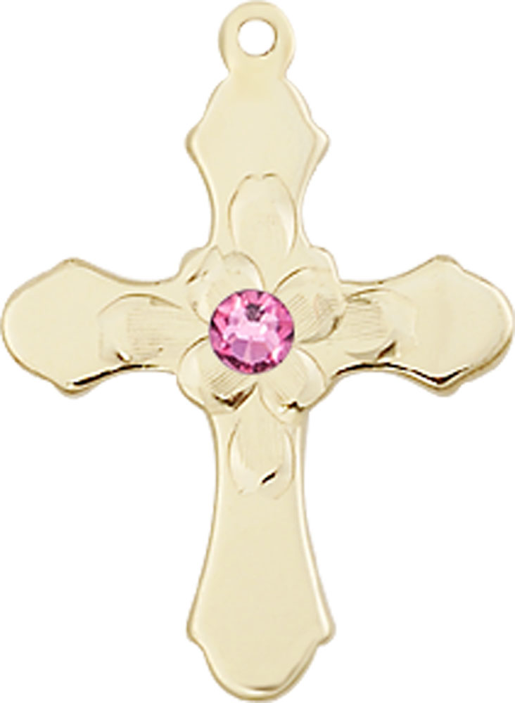 14kt Gold Cross Medal with a 3mm Rose Swarovski stone