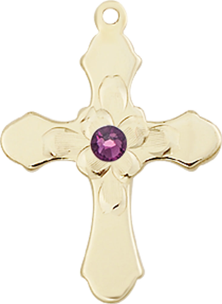 14kt Gold Cross Medal with a 3mm Amethyst Swarovski stone