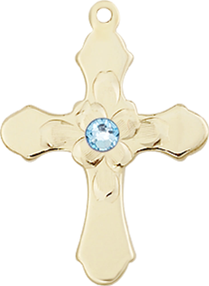 14kt Gold Cross Medal with a 3mm Aqua Swarovski stone