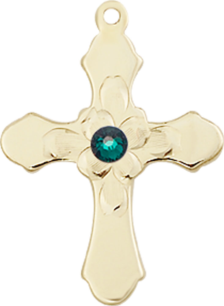 14kt Gold Cross Medal with a 3mm Emerald Swarovski stone