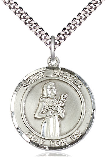 Sterling Silver Saint Agatha Pendant on a 24 inch Light Rhodium Heavy Curb chain
