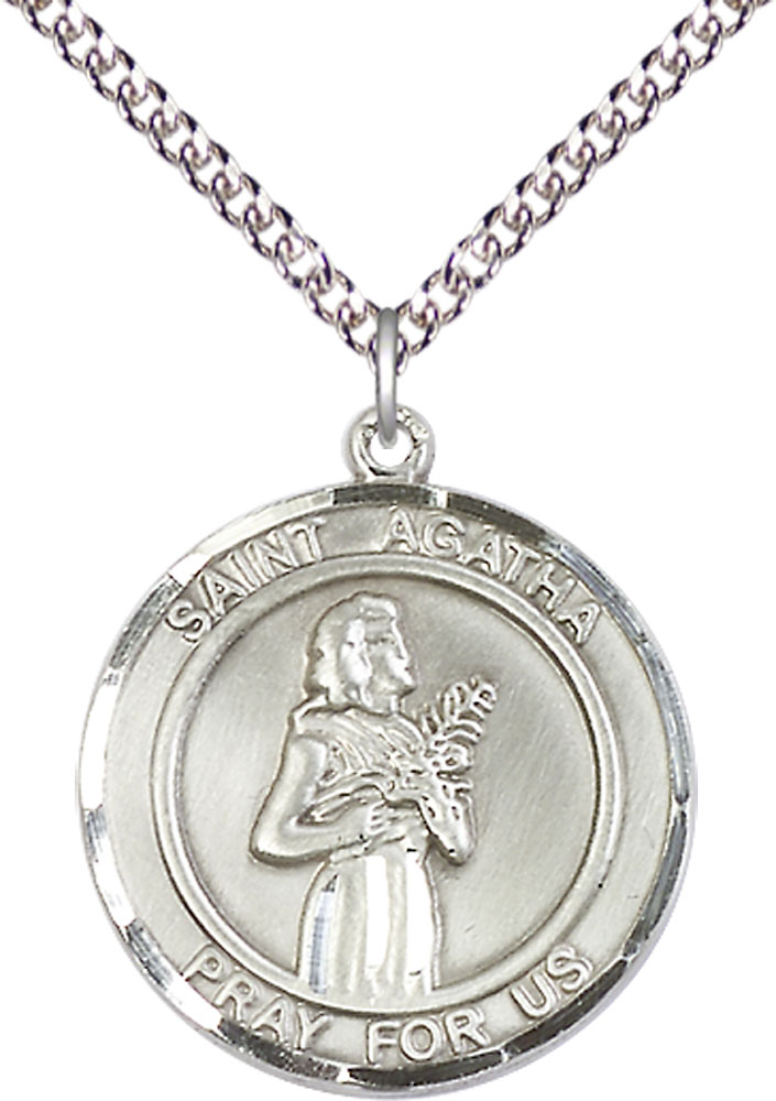 Sterling Silver Saint Agatha Pendant on a 24 inch Sterling Silver Heavy Curb chain