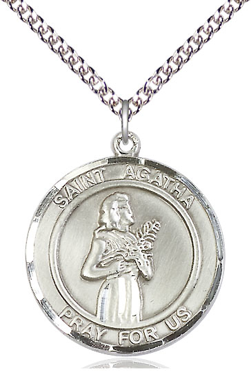 Sterling Silver Saint Agatha Pendant on a 24 inch Sterling Silver Heavy Curb chain