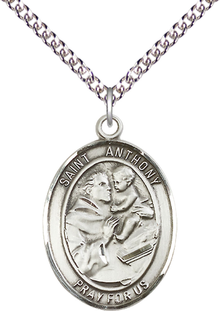 Sterling Silver Saint Anthony of Padua Pendant on a 24 inch Sterling Silver Heavy Curb chain
