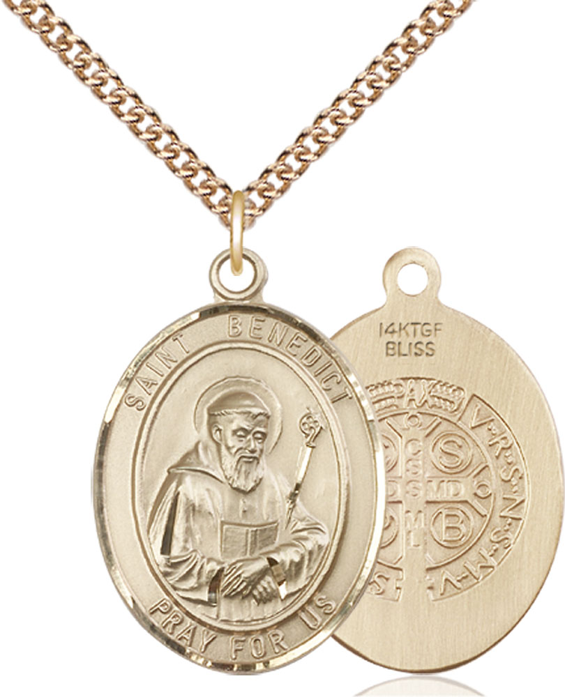 14kt Gold Filled Saint Benedict Pendant on a 24 inch Gold Filled Heavy Curb chain