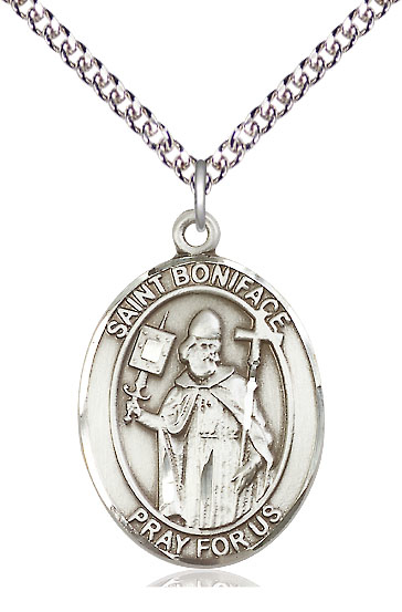 Sterling Silver Saint Boniface Pendant on a 24 inch Sterling Silver Heavy Curb chain