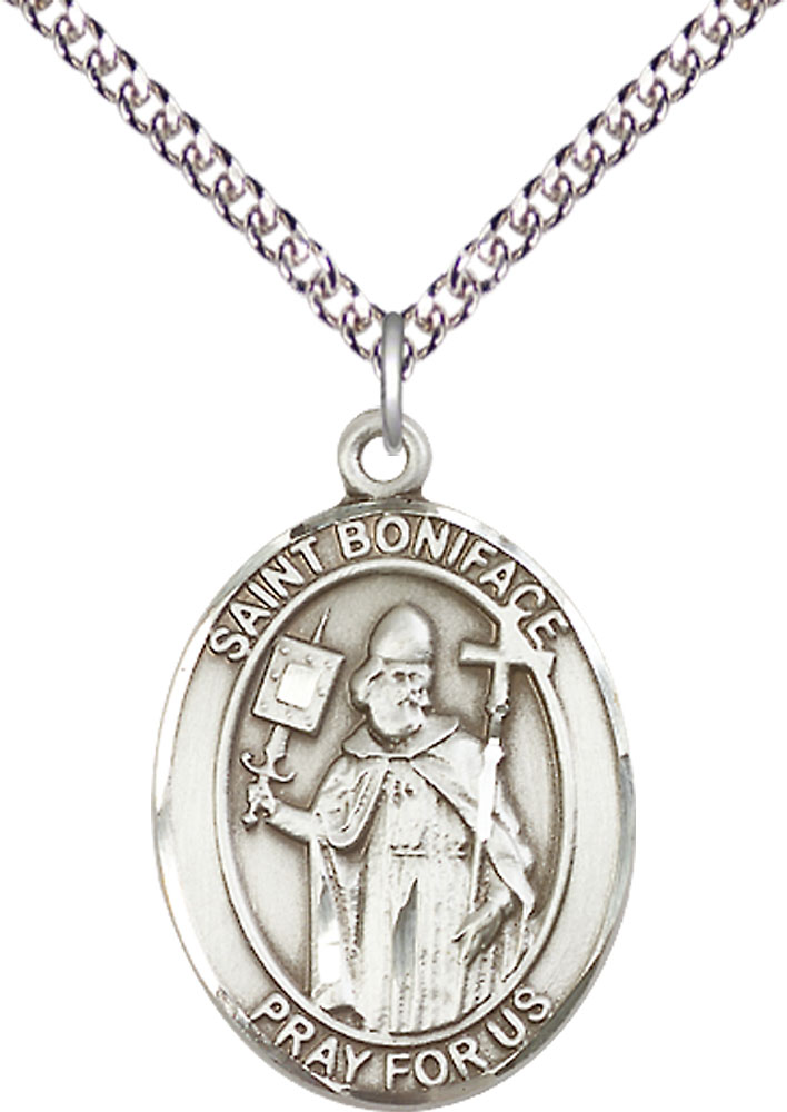 Sterling Silver Saint Boniface Pendant on a 24 inch Sterling Silver Heavy Curb chain