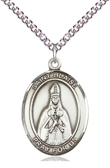 Sterling Silver Saint Blaise Pendant on a 24 inch Sterling Silver Heavy Curb chain