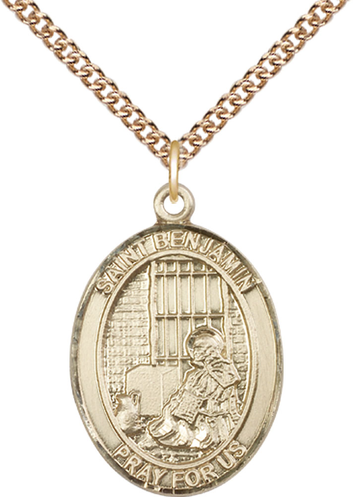 14kt Gold Filled Saint Benjamin Pendant on a 24 inch Gold Filled Heavy Curb chain