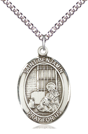 Sterling Silver Saint Benjamin Pendant on a 24 inch Sterling Silver Heavy Curb chain