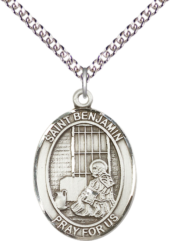 Sterling Silver Saint Benjamin Pendant on a 24 inch Sterling Silver Heavy Curb chain