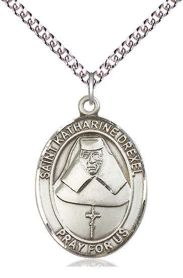 Sterling Silver Saint Katharine Drexel Pendant on a 24 inch Sterling Silver Heavy Curb chain