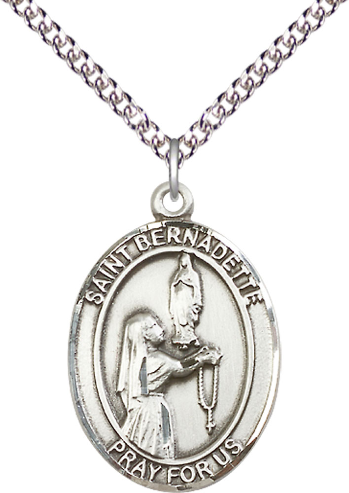 Sterling Silver Saint Bernadette Pendant on a 24 inch Sterling Silver Heavy Curb chain