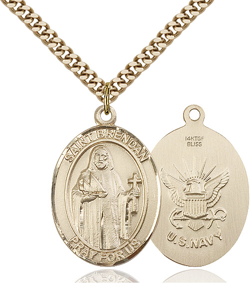 14kt Gold Filled Saint Brendan Navy Pendant on a 24 inch Gold Plate Heavy Curb chain