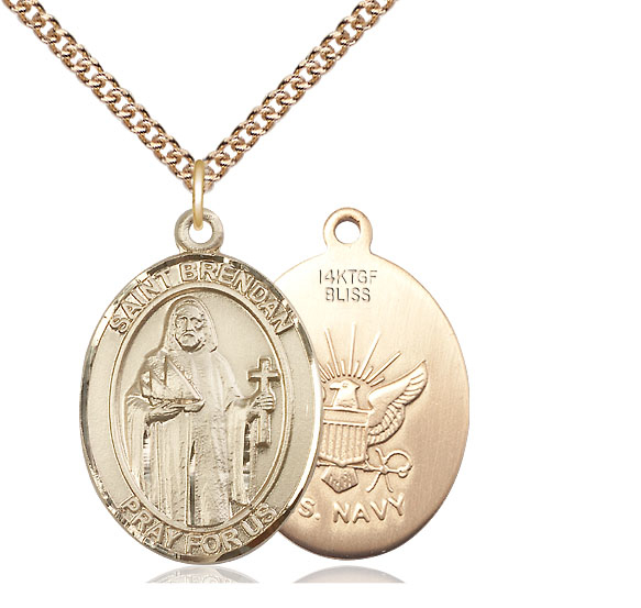 14kt Gold Filled Saint Brendan Navy Pendant on a 24 inch Gold Filled Heavy Curb chain