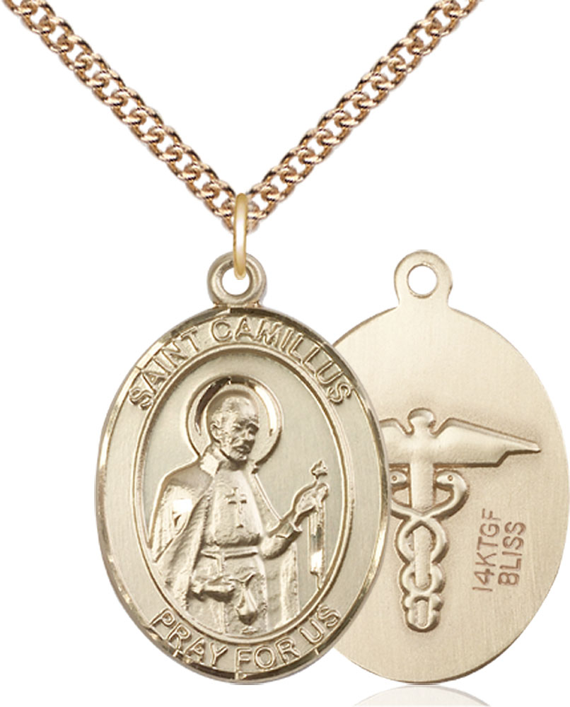 14kt Gold Filled Saint Camillus of Lellis Nurse Pendant on a 24 inch Gold Filled Heavy Curb chain