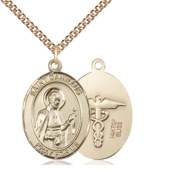 14kt Gold Filled Saint Camillus of Lellis Nurse Pendant on a 24 inch Gold Filled Heavy Curb chain