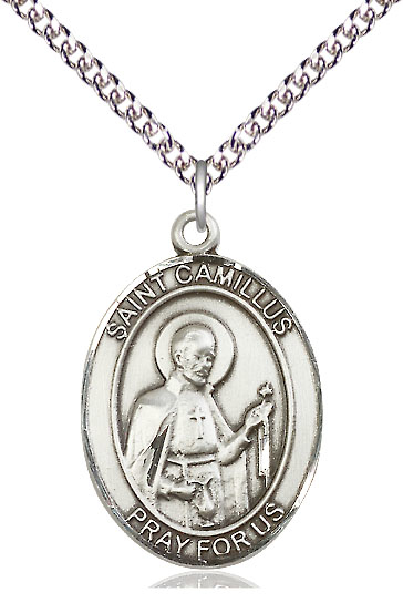 Sterling Silver Saint Camillus of Lellis Pendant on a 24 inch Sterling Silver Heavy Curb chain