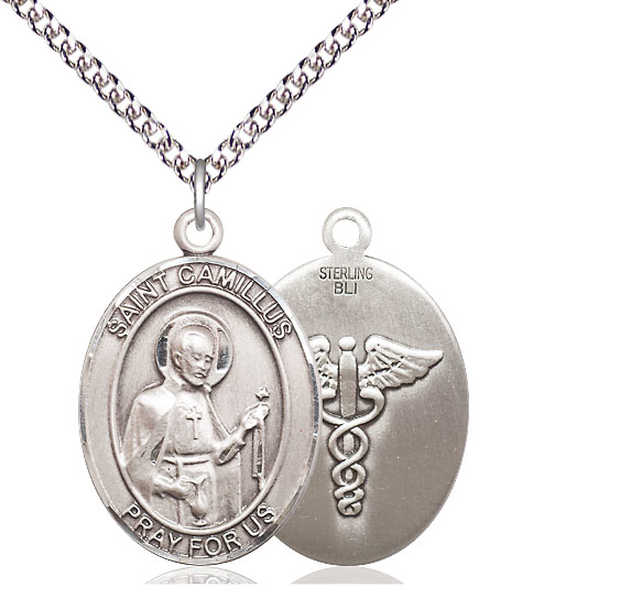 Sterling Silver Saint Camillus of Lellis Nurse Pendant on a 24 inch Sterling Silver Heavy Curb chain