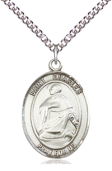 Sterling Silver Saint Charles Borromeo Pendant on a 24 inch Sterling Silver Heavy Curb chain