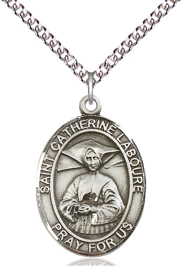 Sterling Silver Saint Catherine Laboure Pendant on a 24 inch Sterling Silver Heavy Curb chain