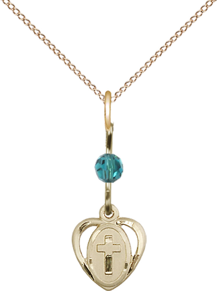 14kt Gold Filled Heart Cross Pendant with a Zircon bead on a 18 inch Gold Filled Light Curb chain