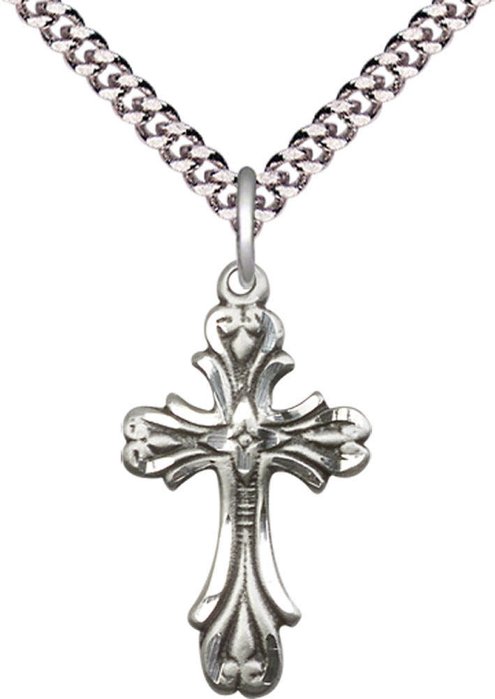 Sterling Silver Cross Pendant on a 24 inch Light Rhodium Heavy Curb chain