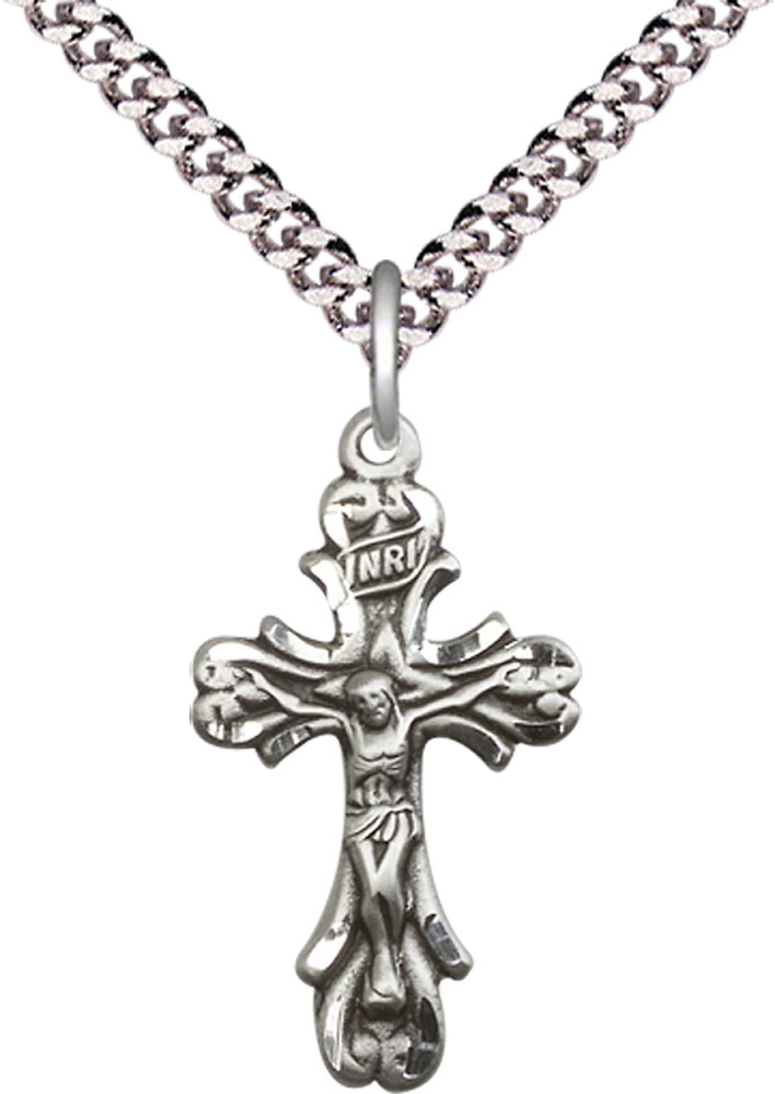 Sterling Silver Crucifix Pendant on a 24 inch Light Rhodium Heavy Curb chain